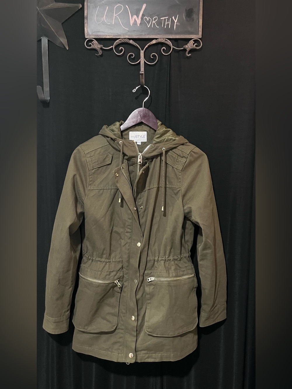 mySTYLE Army Olive Green Double Zipper Cargo Jacket With Hood NWOT Medium